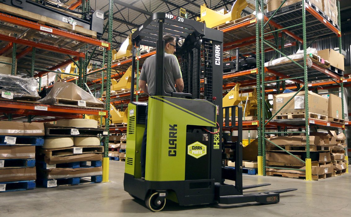 Clark NPX 20 Electric Narrow Aisle Forklift in a warehouse