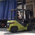 Clark S35XE Renegade Electric Rider Pneumatic Forklift unloading a freight truck