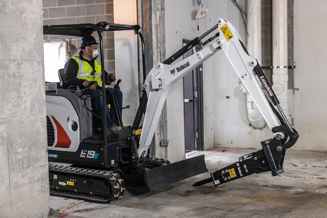 Bobcat E19e Electric Mini Excavator fitting through a narrow door