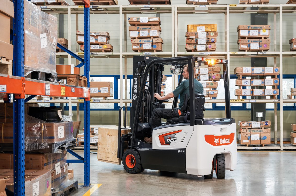 Bobcat B15T-7 Plus 3-Wheel Electric Cushion Forklift in a warehouse