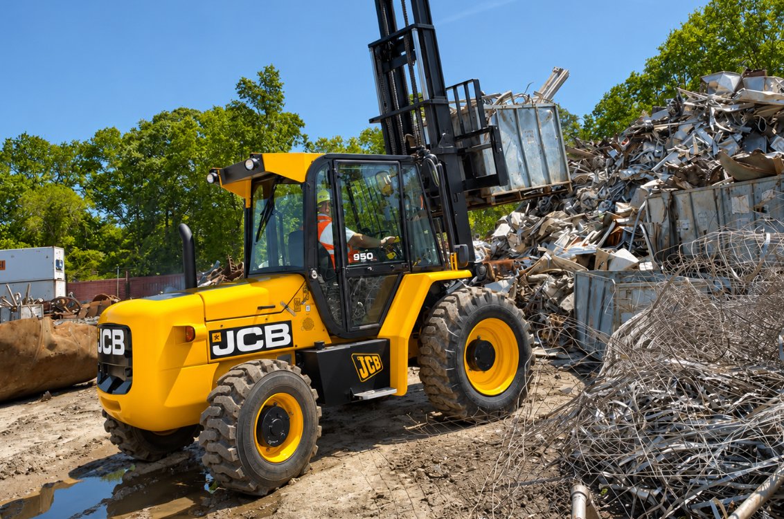 JCB 950 Rough Terrain Forklift moving scrap metal