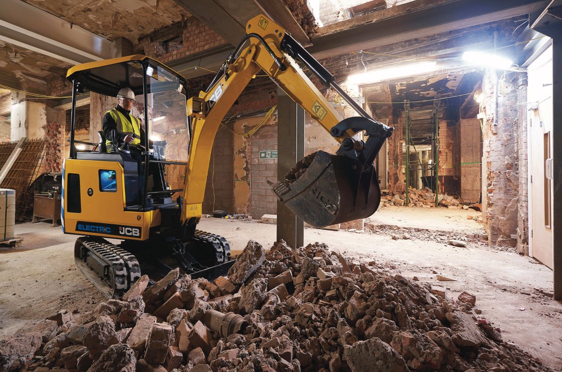 JCB 19C-1E Electric Mini Excavator digging inside inside a building
