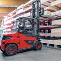 Linde E70 High-Capacity Electric Pneumatic Forklift in a plywood warehouse