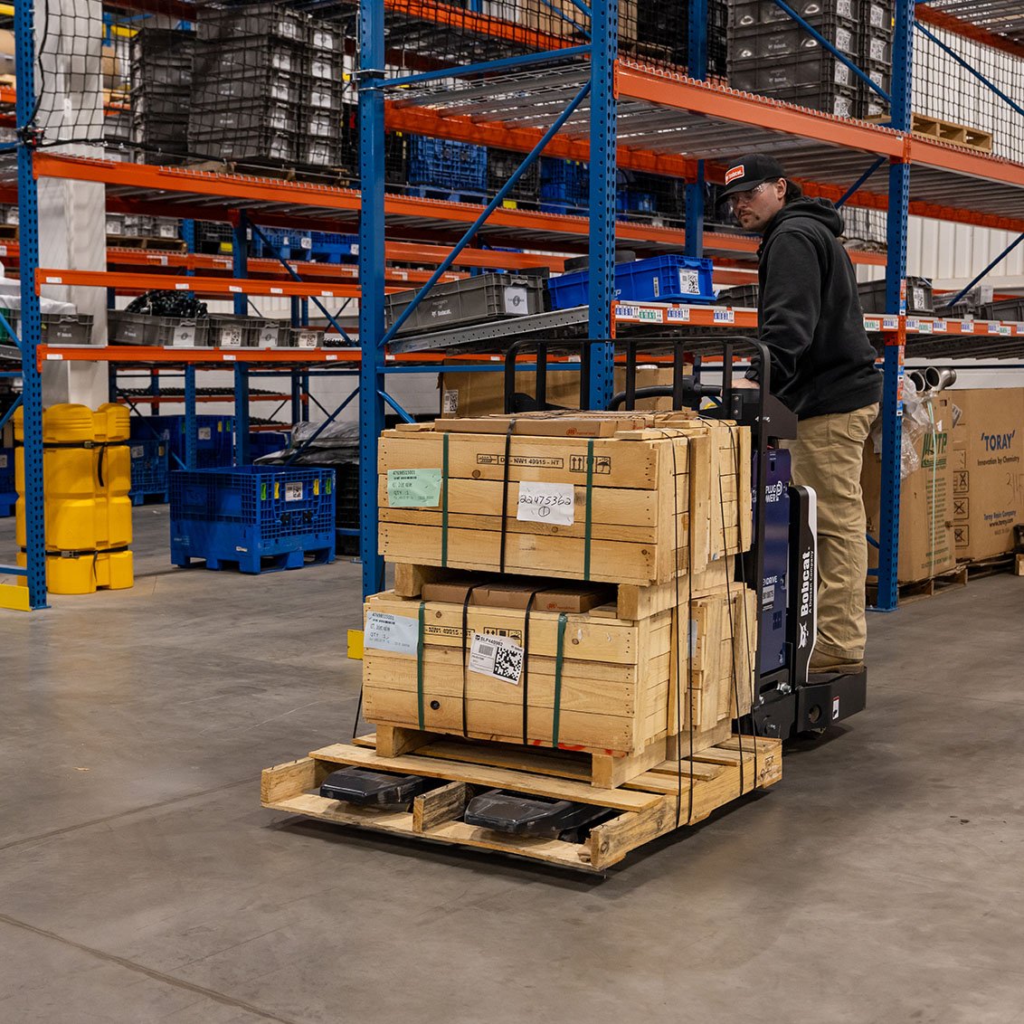 Bobcat BER40-9 Electric Rider Pallet Truck in a manufacturing warehouse