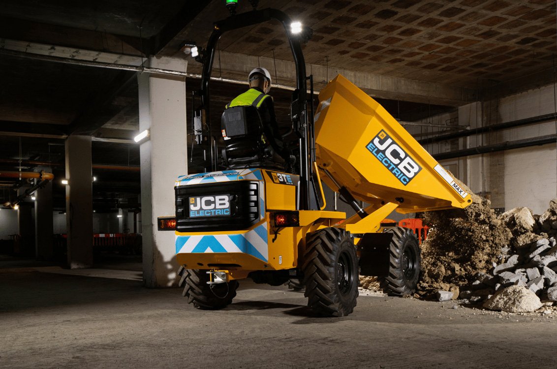 JCB 3TE Electric Site Dumper swivel tipping on indoor jobsite