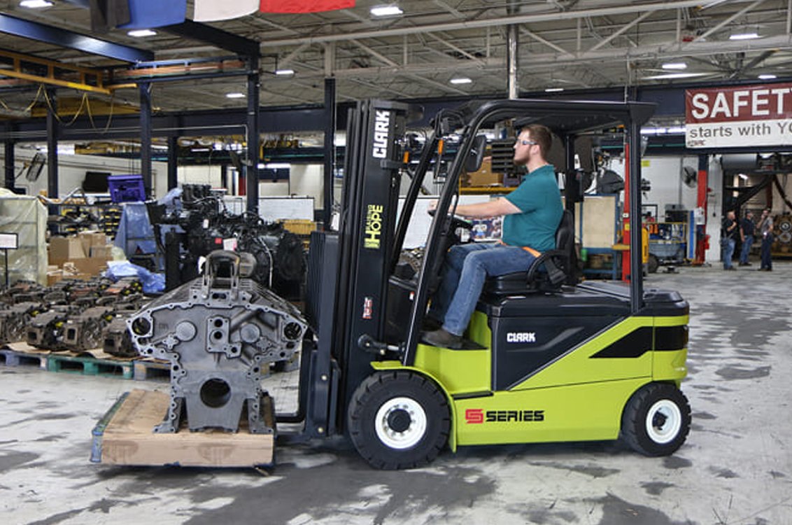 Clark SE30 Electric Rider Pneumatic Forklift in a warehouse