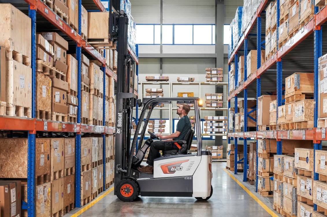 Bobcat B20T-7 Plus 3-Wheel Electric Cushion Forklift in a warehouse