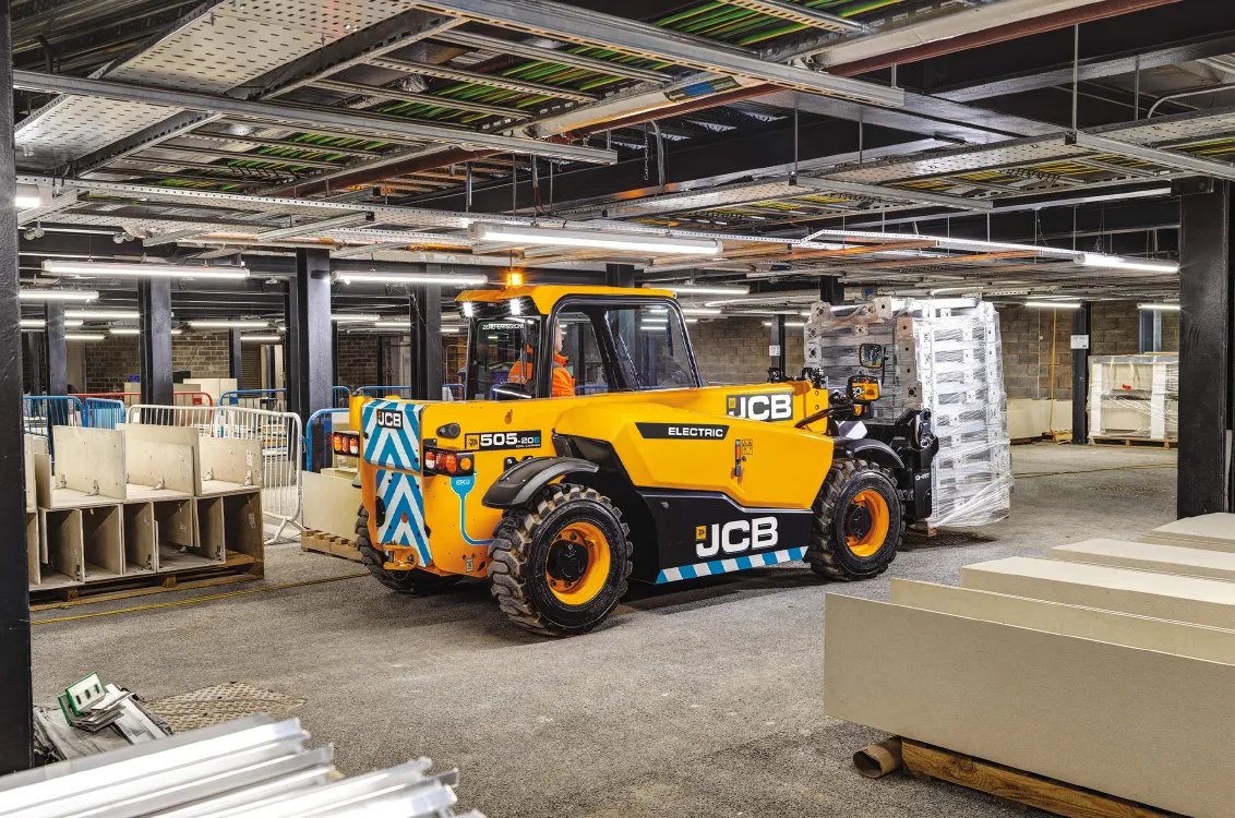 JCB 505-20E Electric Telehandler In an enclosed building worksite