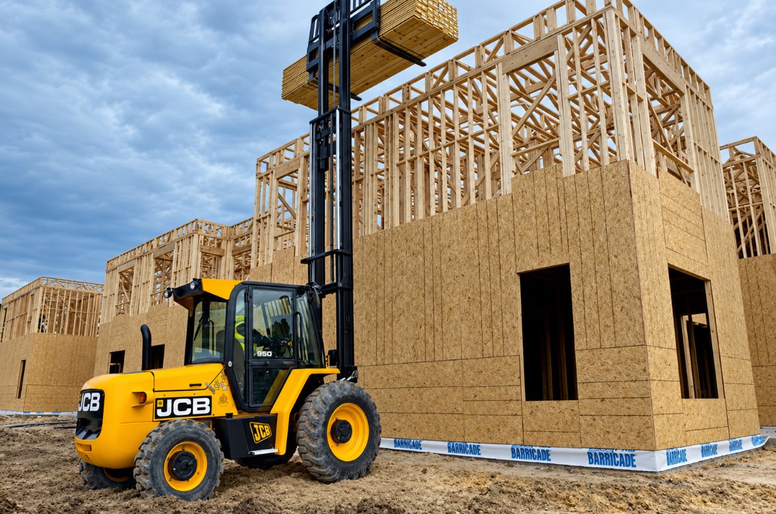 JCB 950 Rough Terrain Forklift lifting wood framing material