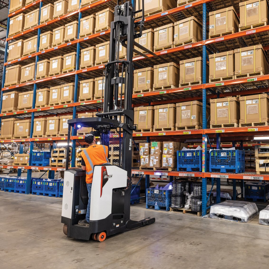 Bobcat BR18SP-7 Plus Electric Narrow Aisle Reach Truck in a warehouse