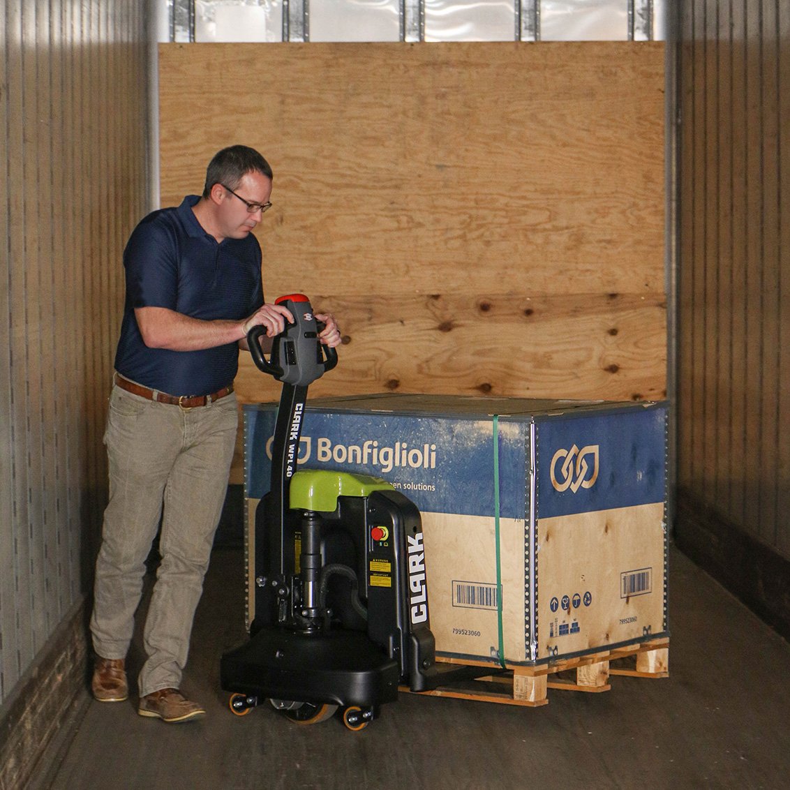 Clark WPL 40 Electric Pallet Truck in a delivery vehicle