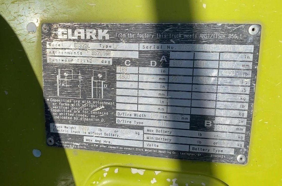 2019 Clark GTS25 IC Pneumatic Forklift 