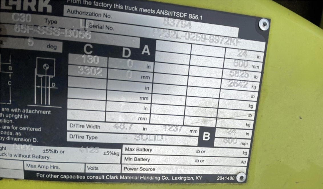 2017 Clark C30 IC Pneumatic Forklift 