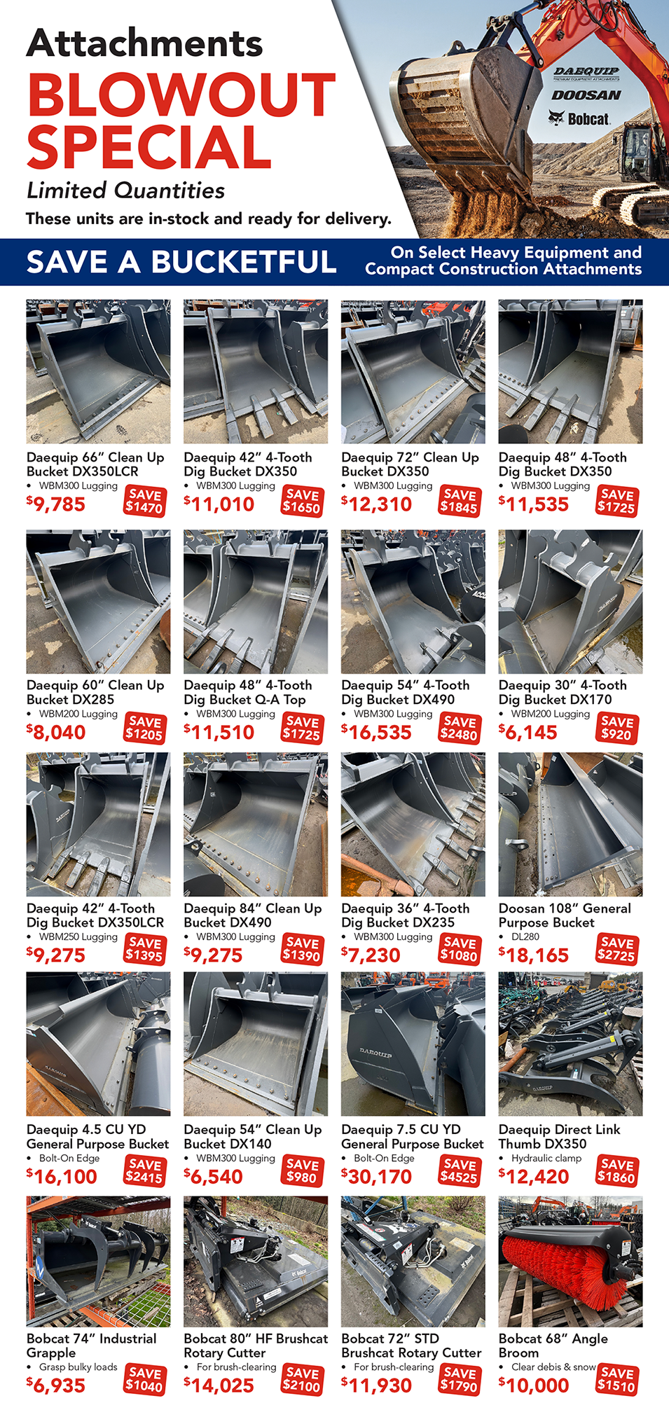 Buckets and Attachments Blowout Flyer 2025