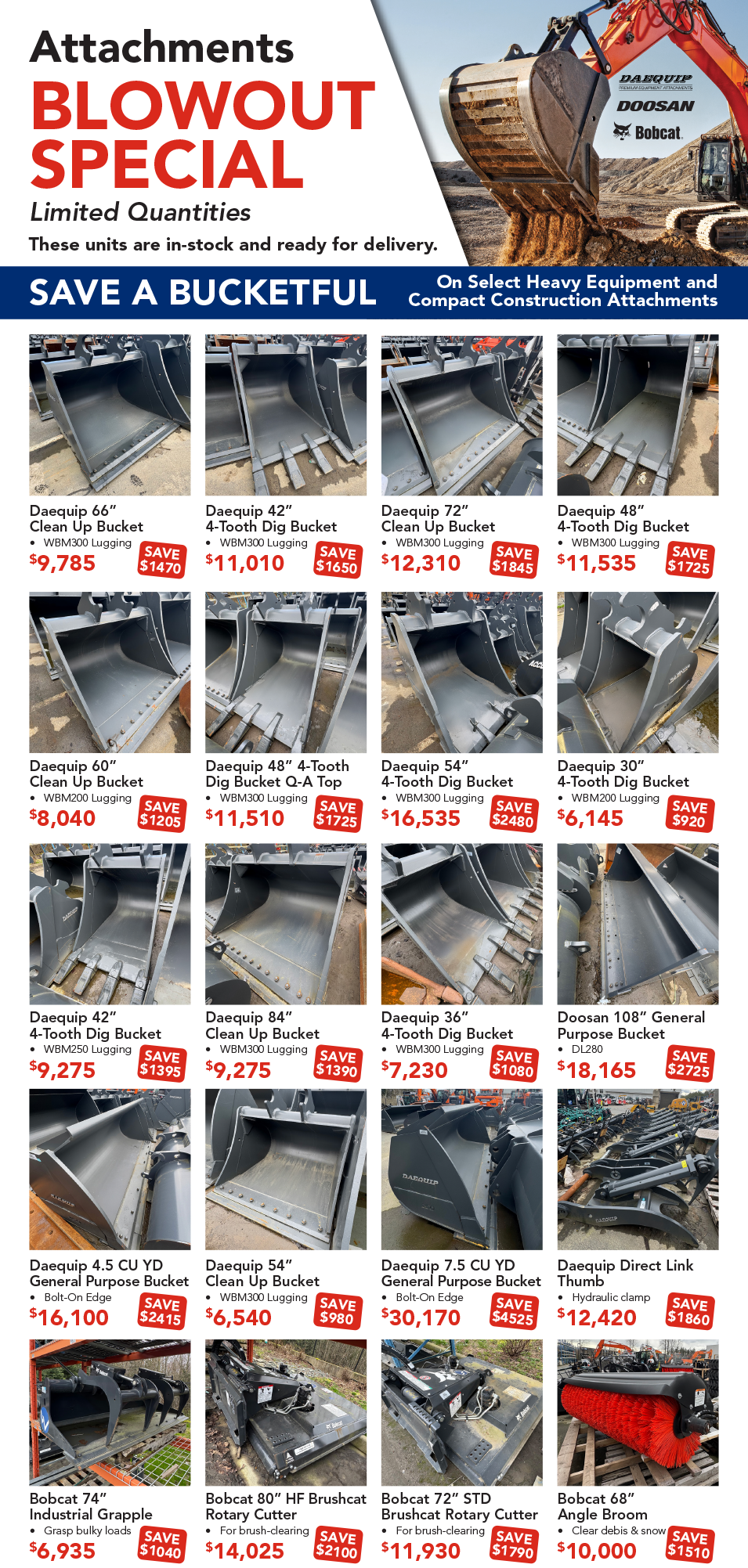 Buckets and Attachments Blowout Flyer 2025