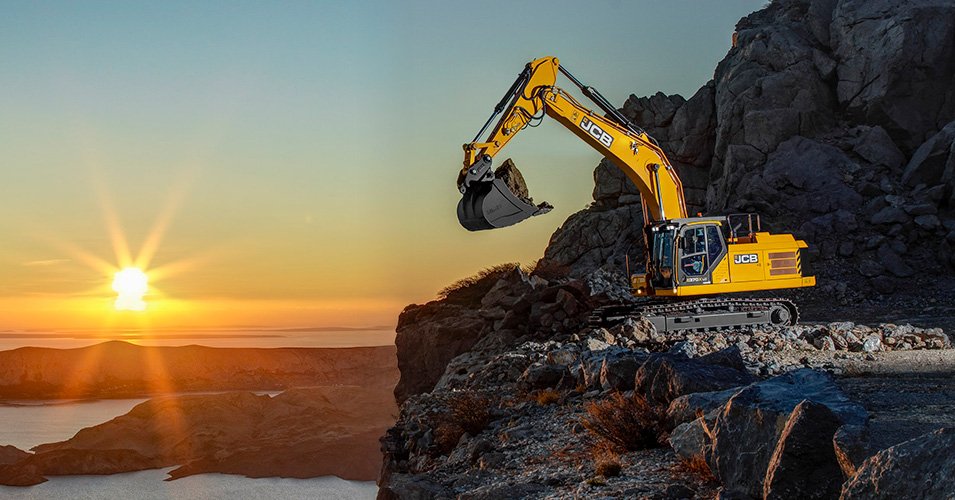 JCB 370X Excavator on Cliff with Sunrise