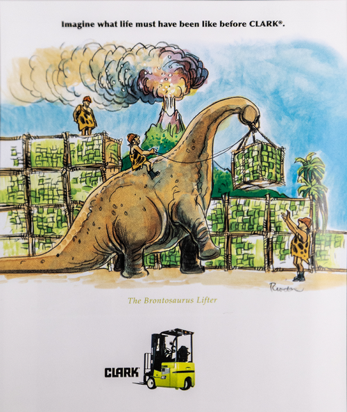 Imagine what life must have been like before Clark. Get your Clark forklift at Williams Machinery. (Watercolor painting - dinosaurs moving products)