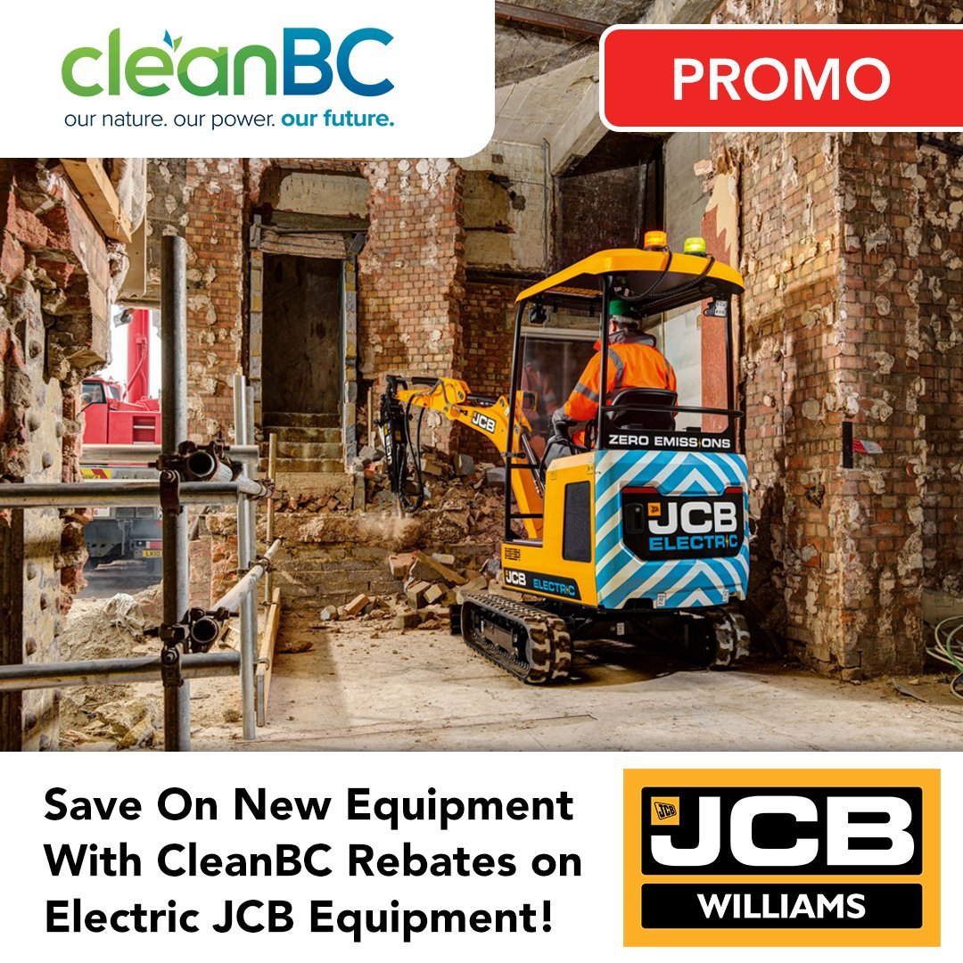 We're proud to announce the availability of JCB electric equipment in the CleanBC rebates program. Save $2,000 on new JCB electric equipment! Contact us or visit the CleanBC website to find out more.

#CleanBC #ElectricEquipment #ElectrifyCanada #CleanEnergy #ElectricEquipment #ElectricRebate #GovernmentRebate