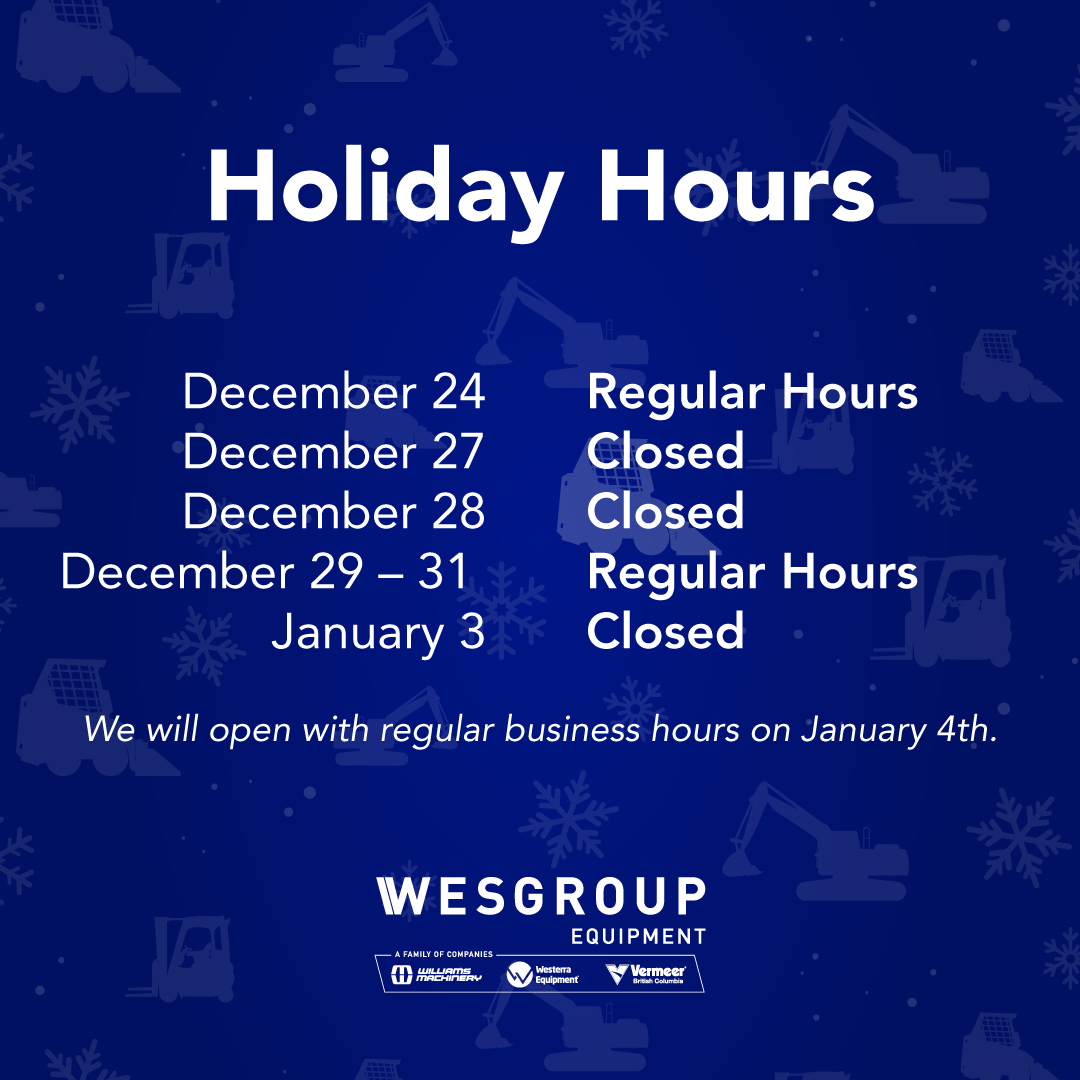 The holiday season is upon us! Please note that our #WesterraEquipment dealerships will be closed on December 27, 28, and January 3. #HolidayHours
