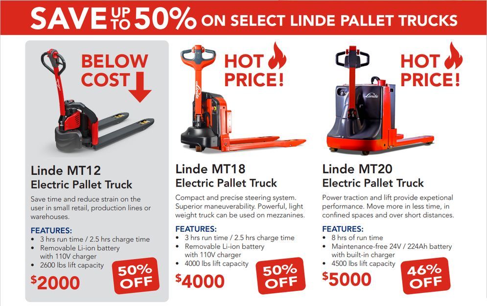 Need an upgrade on your pallet game? Our blowout sale can help you score premium Linde equipment with heavy discounts, up to 50% off on MT18 & MT20 models plus below cost price available on MT12 Pallet Trucks!

DM us or contact us to find out more about this deal and other material handling equipment available with Williams Machinery

#Warehousing #Forklifts #PalletTruck #Linde #SpecialOffer #LindeForklift #WarehouseEquipment #Warehouse #LindeEquipment #ForkliftEquipment #ForkliftMachinery #DiscountedEquipment
